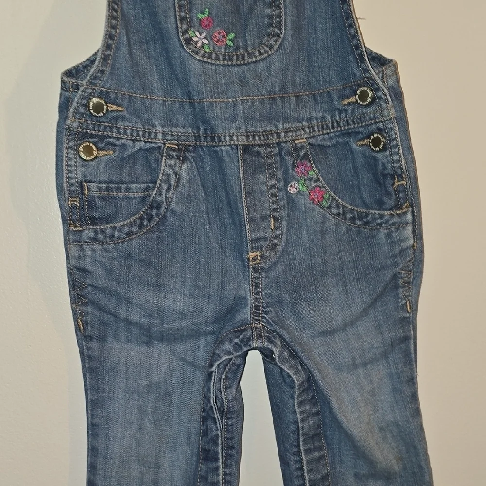 OshKosh B'gosh Blue Denim Overalls with Flower Embroidery LOT-S